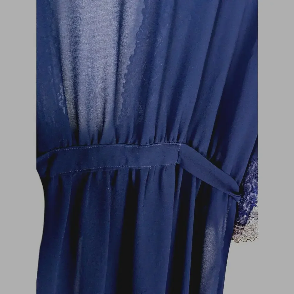 Vintage Cinema Etoile Seductivewear navy Mesh Lingerie Nightgown Robe Set Sz L